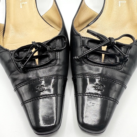 Vintage Chanel Patent Lambskin Black Leather CC Logo Ankle Buckle Slingback Heel - Picture 3 of 11